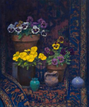 still life painting by Jim McVicker of an assortment of potted pansies