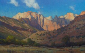 landscape painting by Ken Spencer of a mountain range in Zion