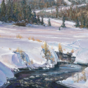 painting of a creek wandering through snow covered banks with trees in the background