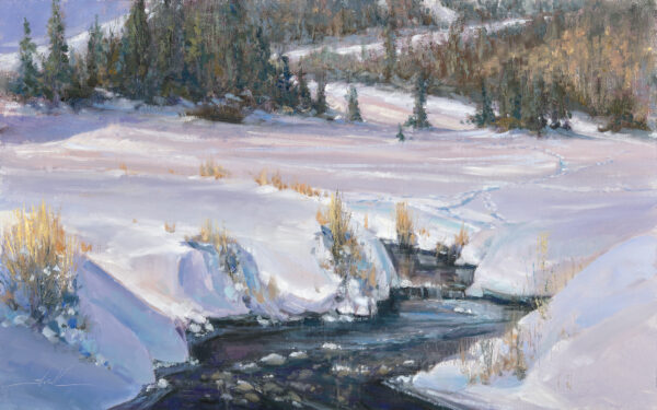 painting of a creek wandering through snow covered banks with trees in the background