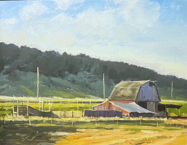 painting of a weathered barn and a weathered outbuilding with a hillside in the background