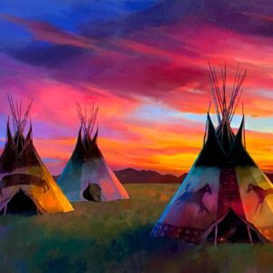portrait of teepees against a painted sky