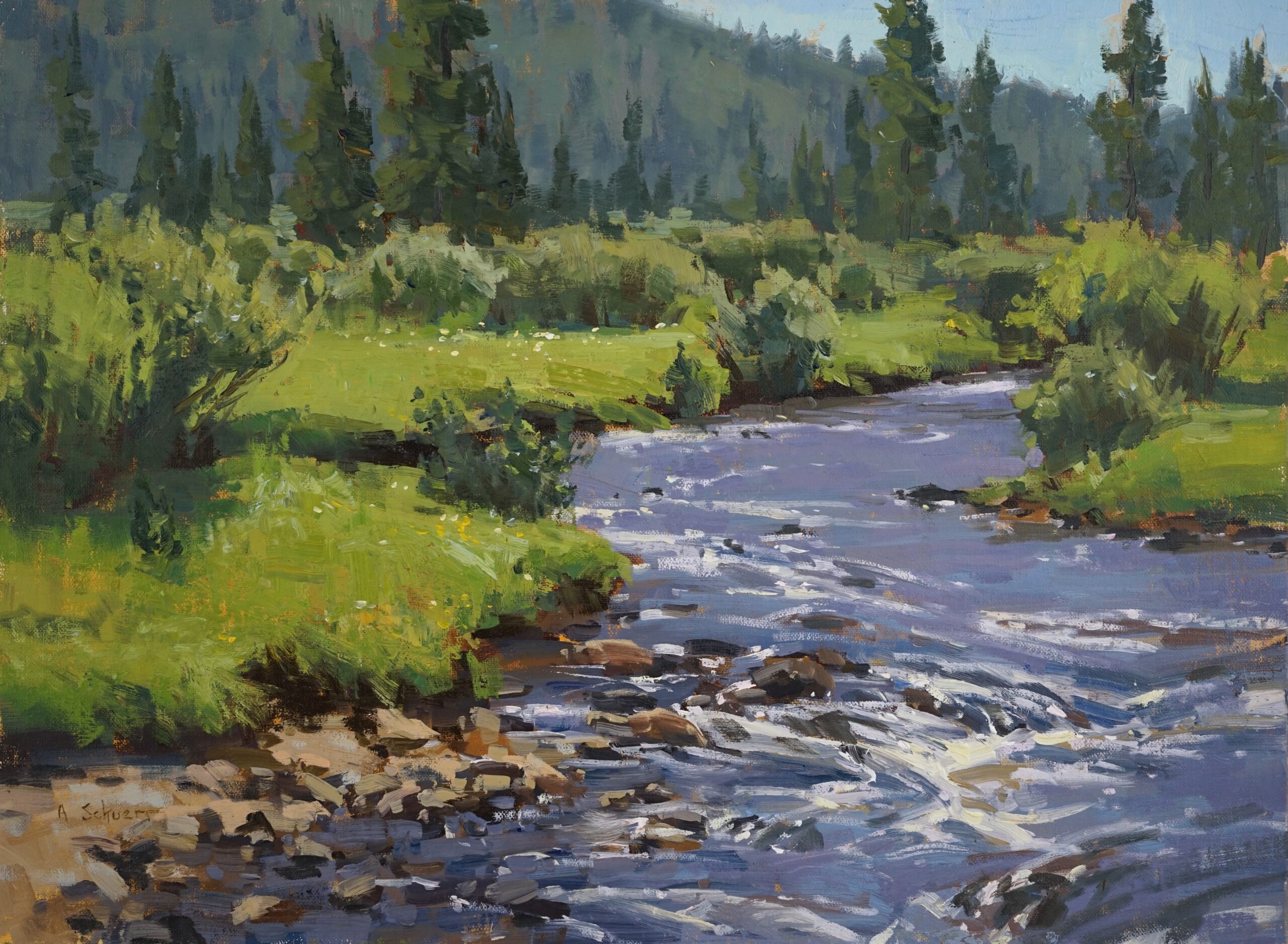 painting of a mountain stream reflecting the sunlight, cutting through banks of rich green grass.
