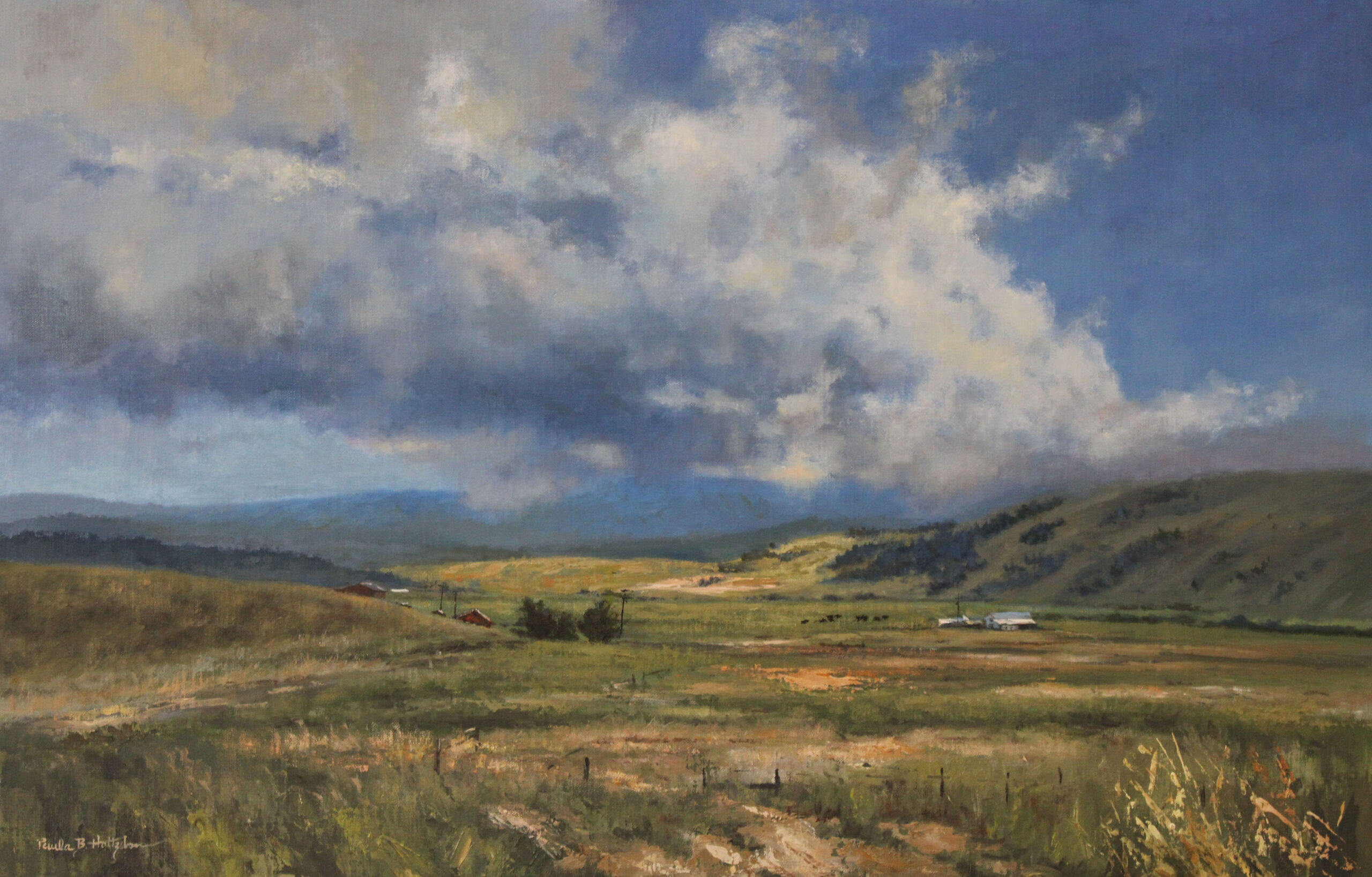 painting of a valley with a mountain range in the far background, big puffy clouds in the mid-ground