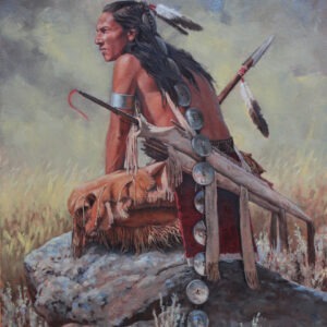 Painting of a Native American man sitting on a large rock, looking over the land