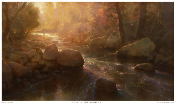 painting of a mountain stream in the golden hour