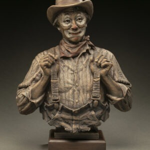 fron tof a bronze of a smiling rodeo clown