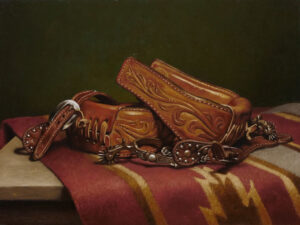 Berutifully detailed painting of a pari of embossed leather stirrups and spurs on top of a western motif saddle blanket