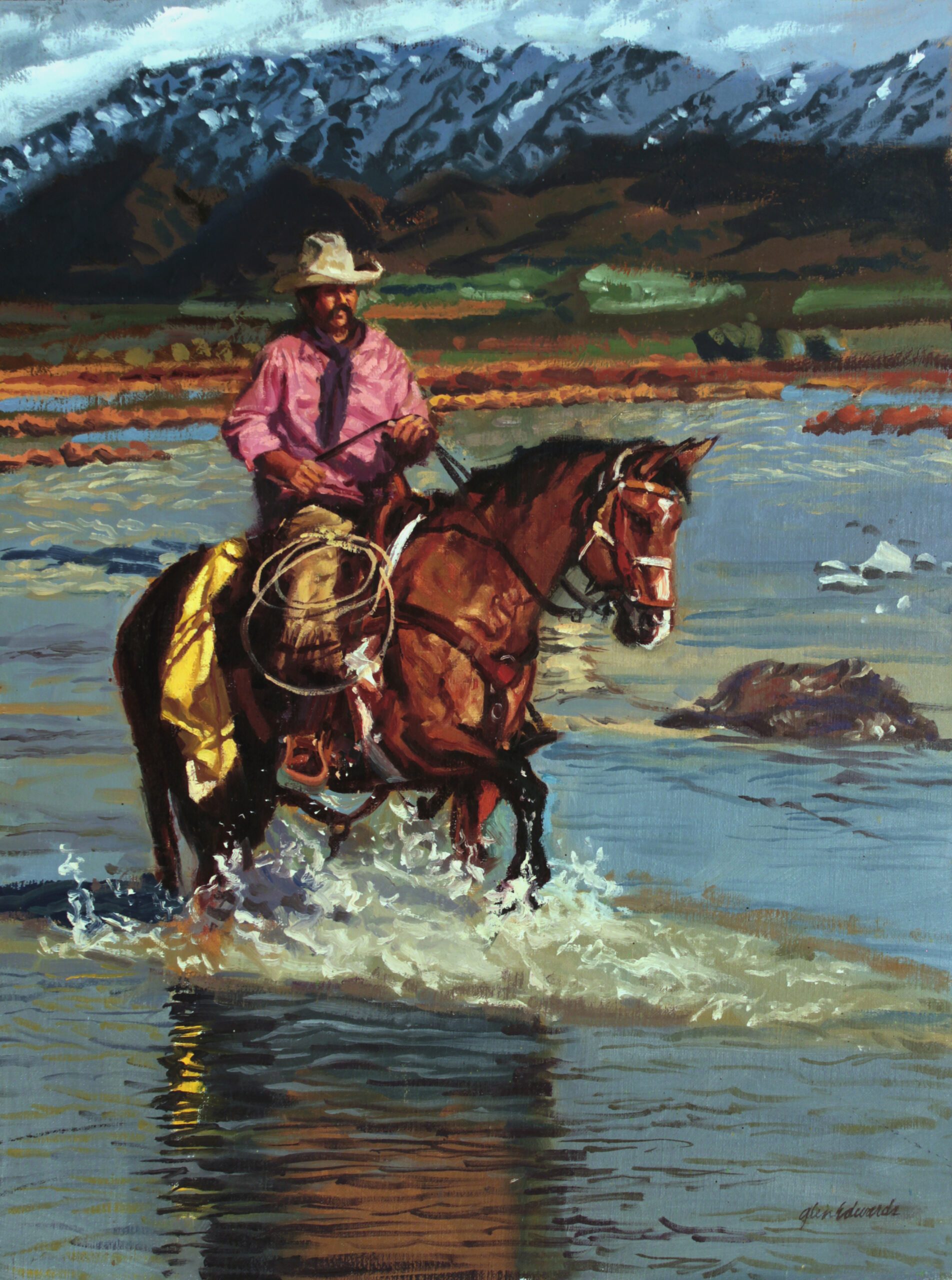painting of a cowboy on horseback crossing the Blackfoot River