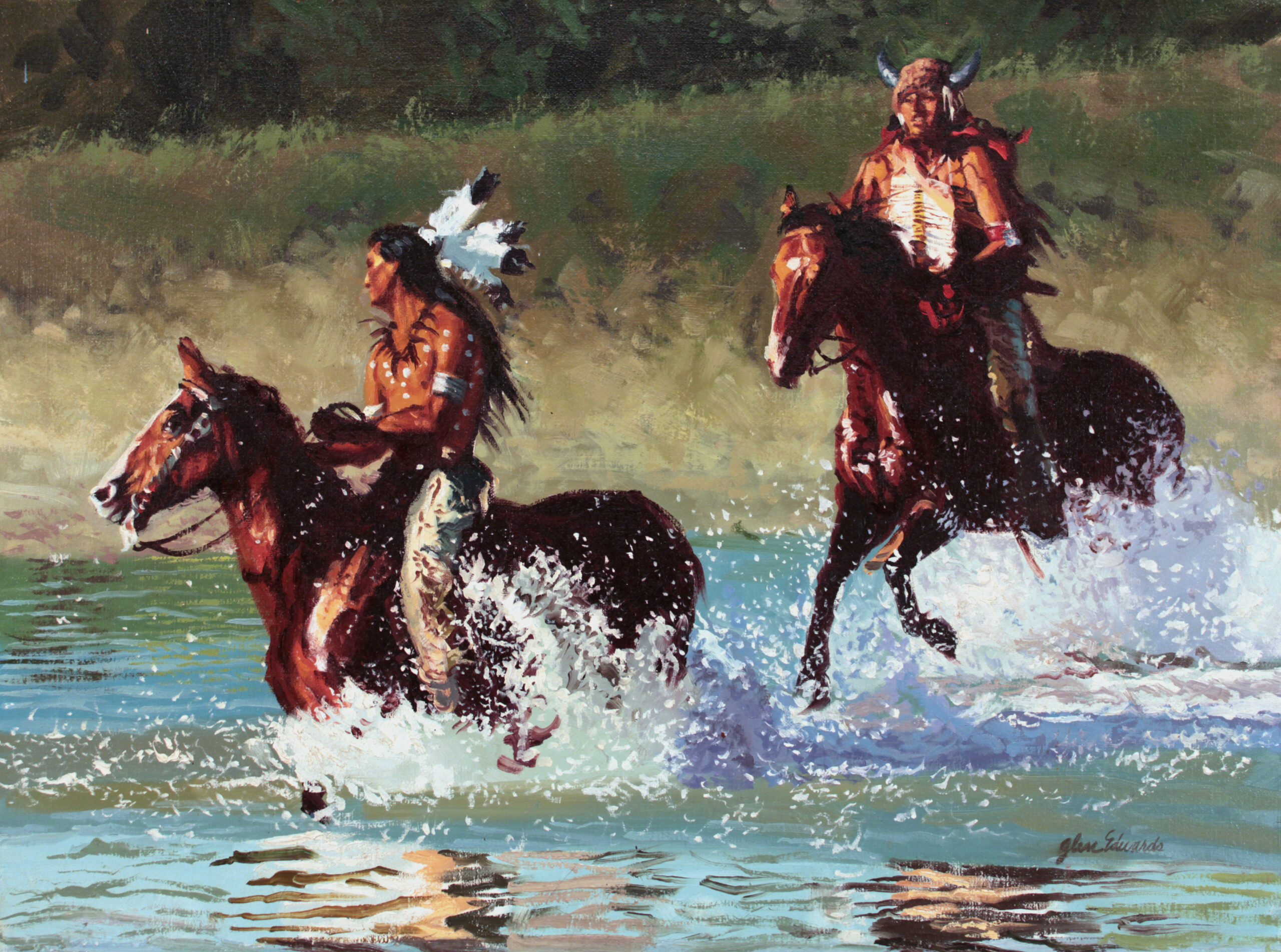 painting of two native american indians on horseback crossing a river