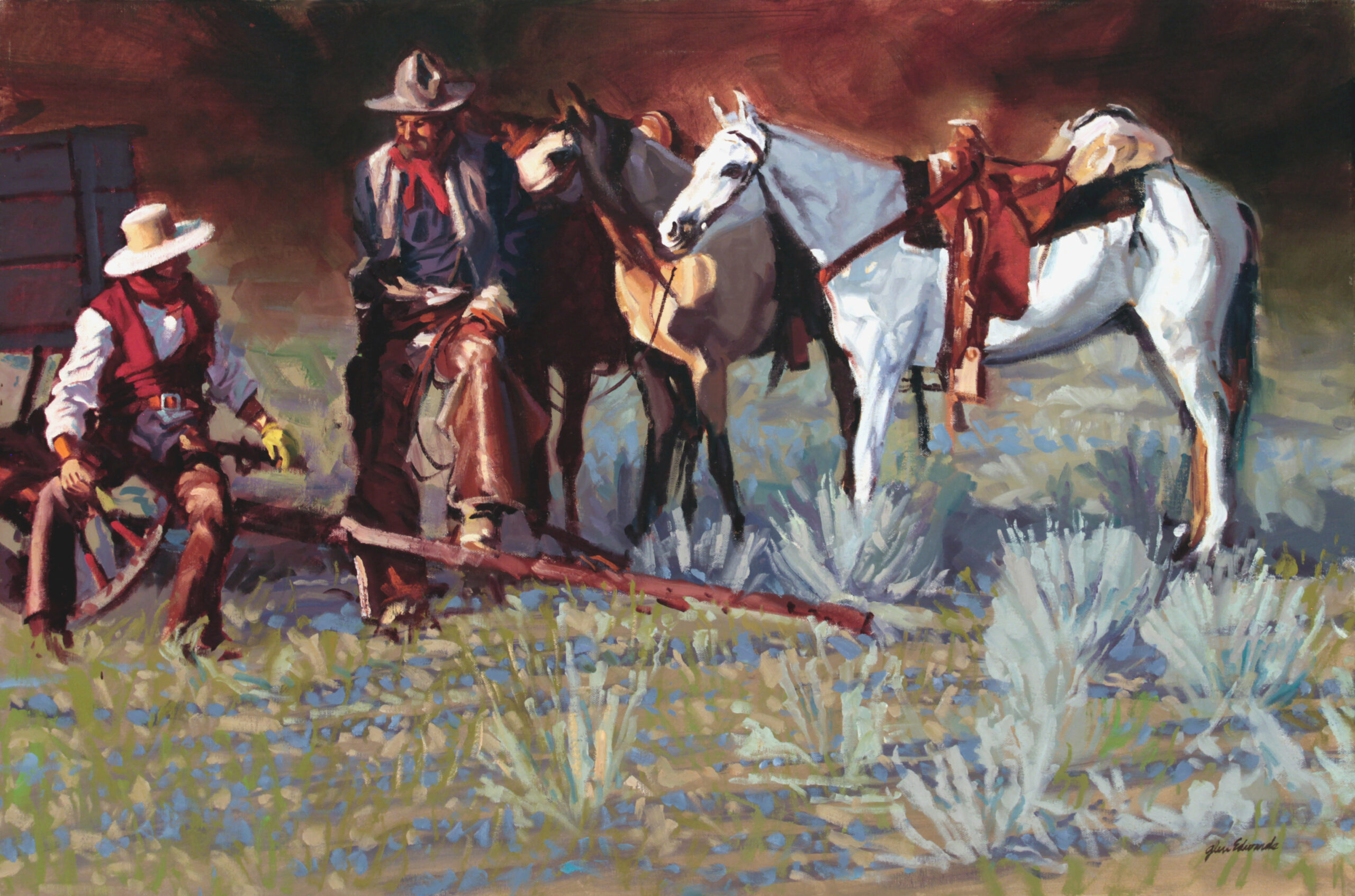painting of three horses and two coyboys. One coyboy is standing, the other is sitting on the toungue of a wagon, telling a story