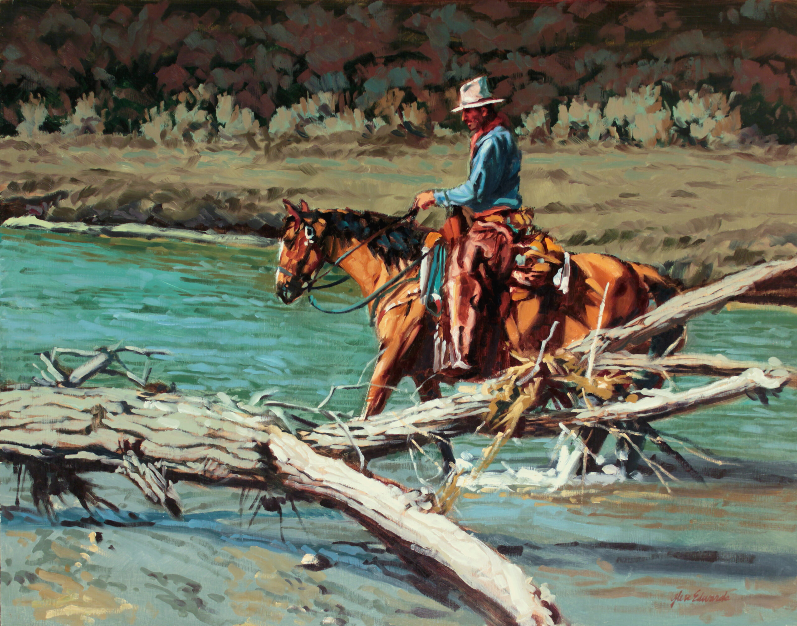 painting of a coyboy riding his horse in a stream, with a deadfallen tree in the foreground