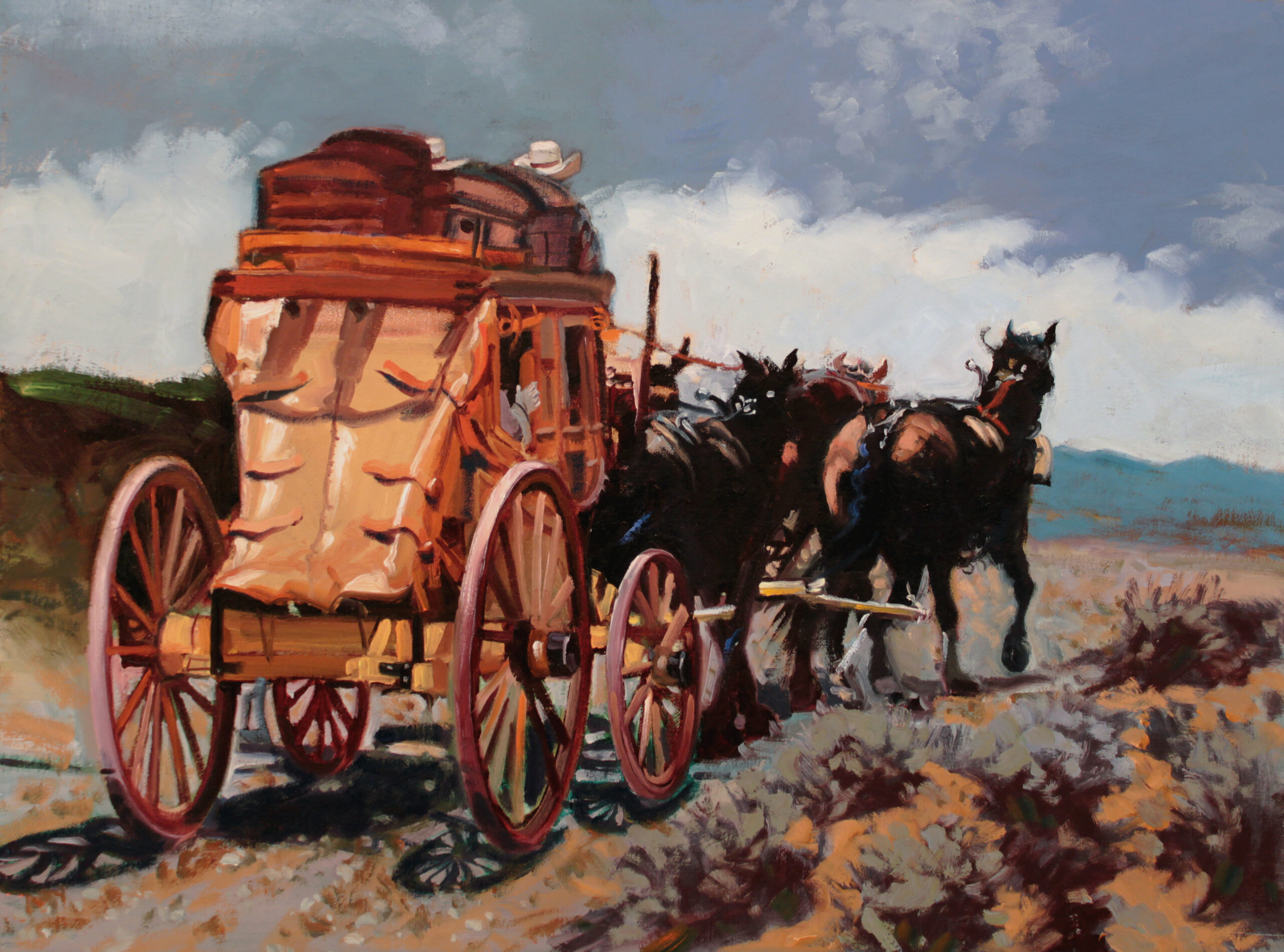 painting of the rear of a stagecoach being pulled by a team of two horses