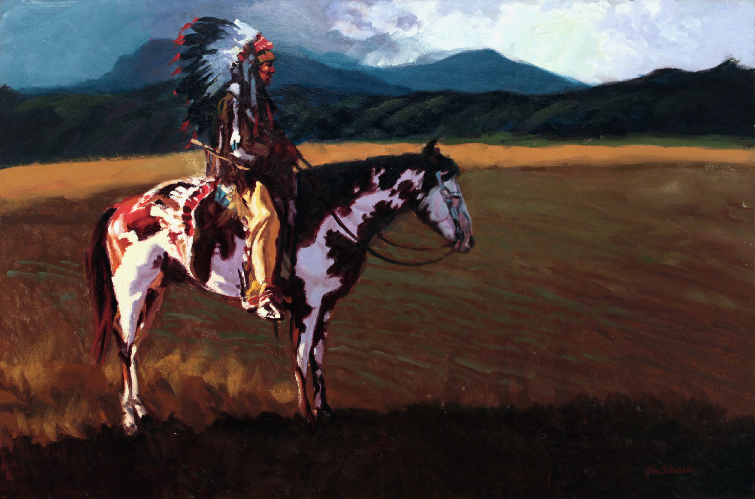 painting of a native american wearing a headdress and sitting on a house looking across the canyon
