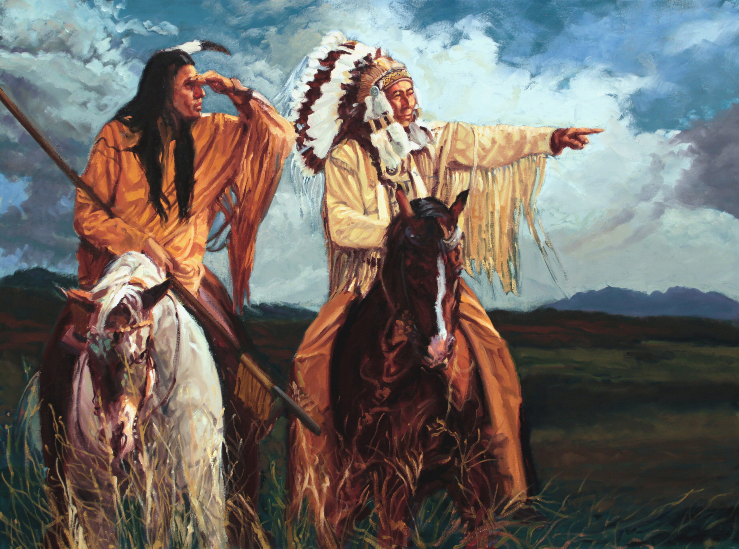 painting of two native americans on horseback, one is a scout, shielding his eyes and the other is a warrior pointing to the right