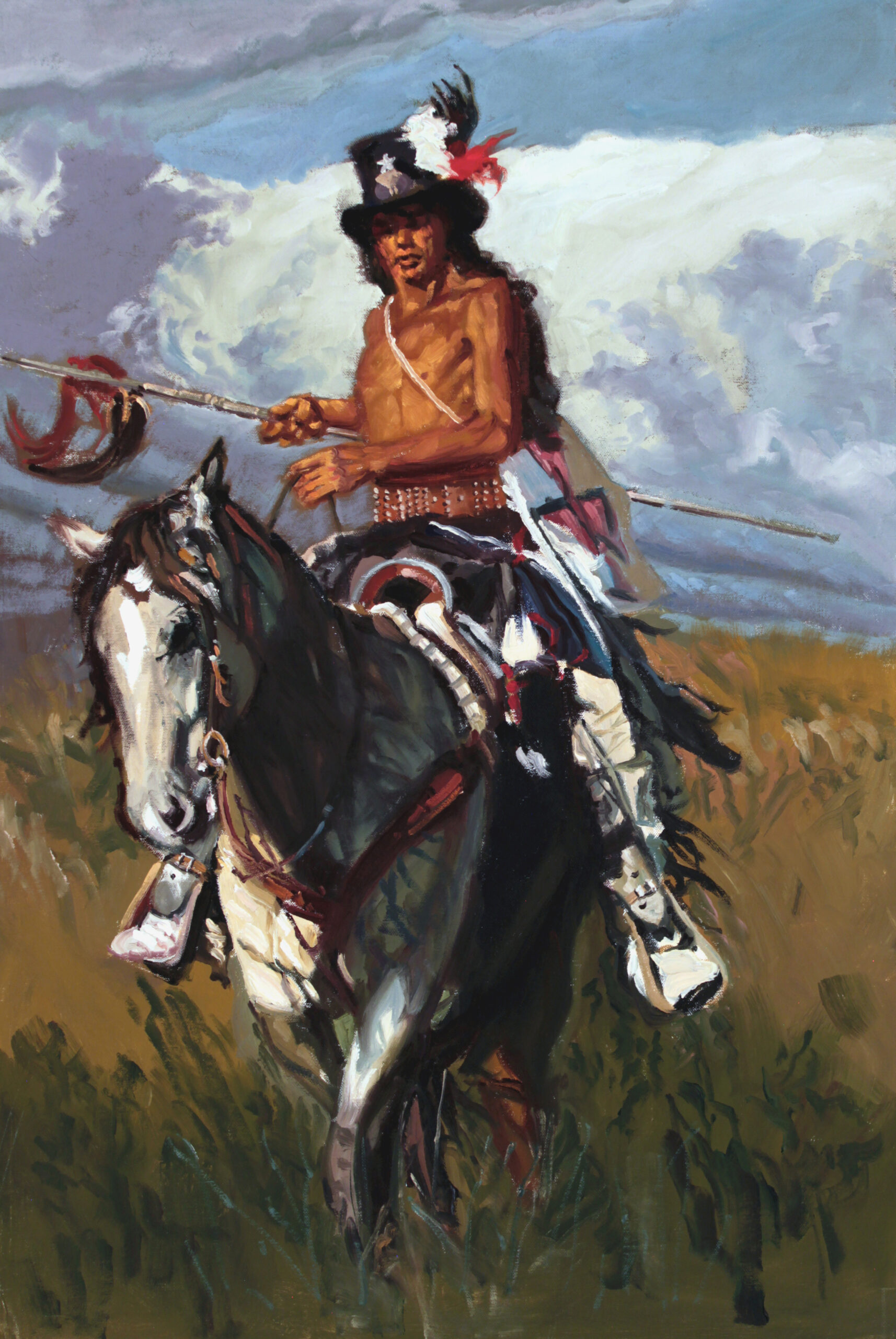 painting of.a native american wearing a tophat and riding a horse