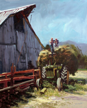 painting of the first load of hay going into a seasoned barn