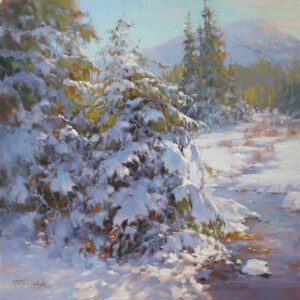painting of a creek running past a snow covered tree and creek bank