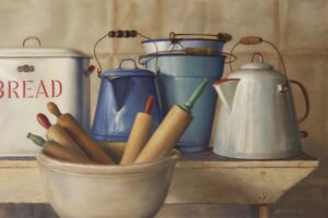 painting of vintage kitchen items on a shelp