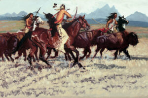 Painting of three native americans on horses hunting buffalo in close with bows and arrows