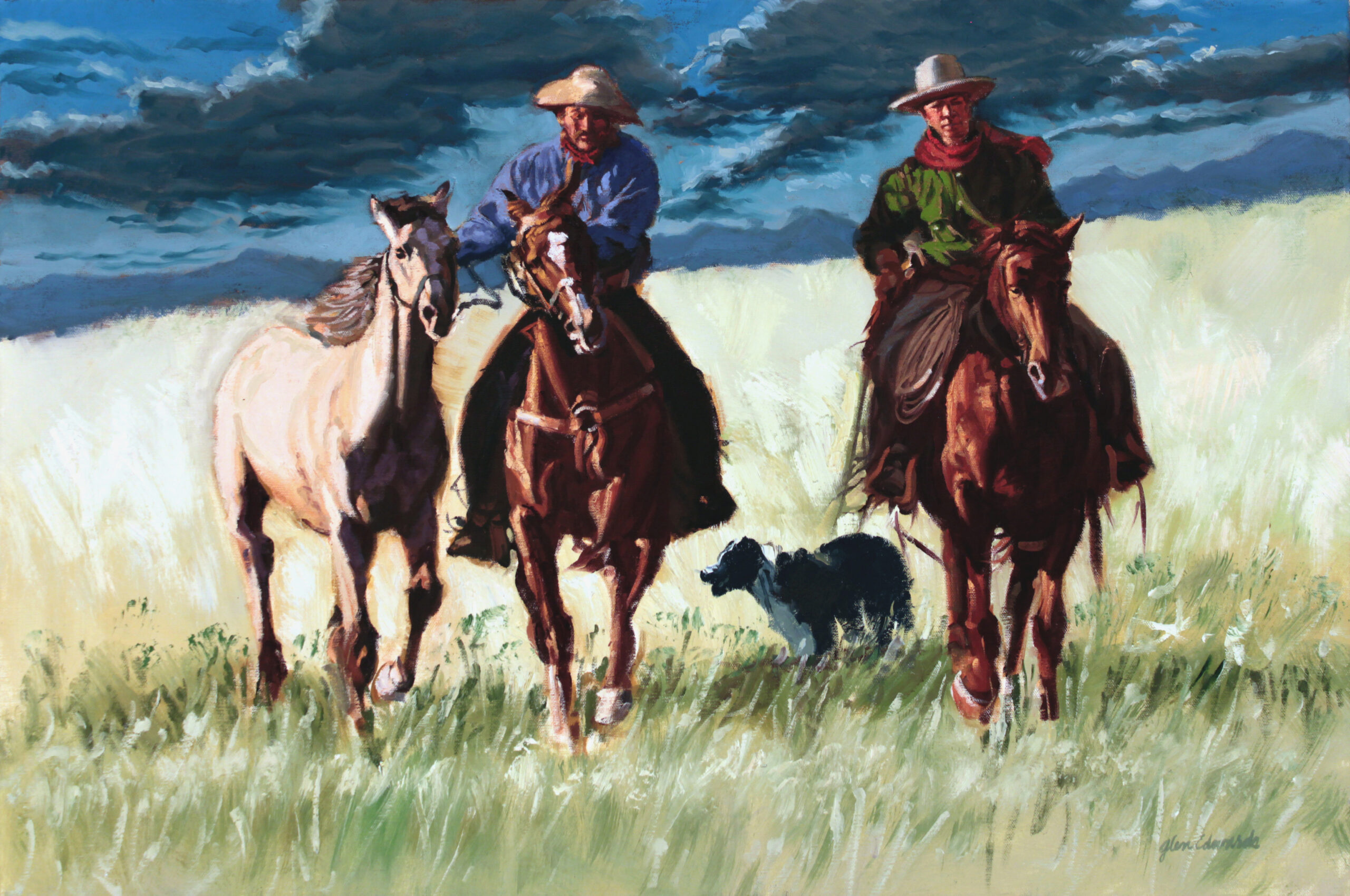 painting of two cowboy riding with a third horse and a daog