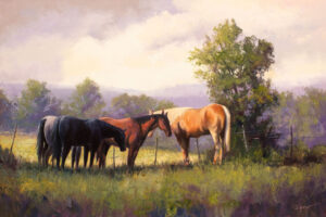 painting of two pair of horses standing near a tree