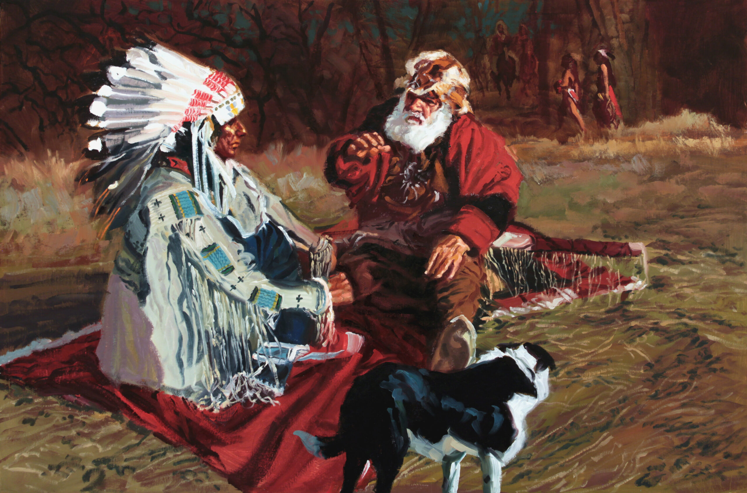 painting of a native american wearing a headress and seated on a blanket with an older white man, talking. THere is a dog in tthe foreground and two native american women walking in the background