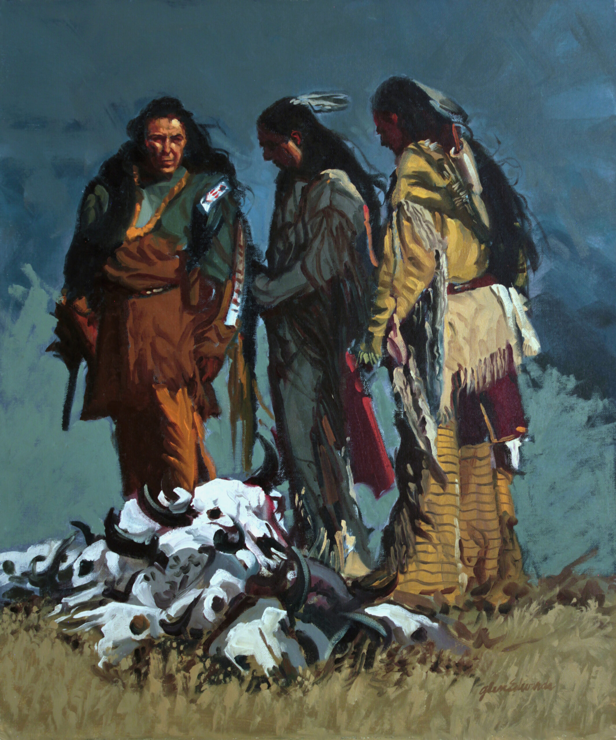 paiting of three native americans standing over a collection of bison skulls