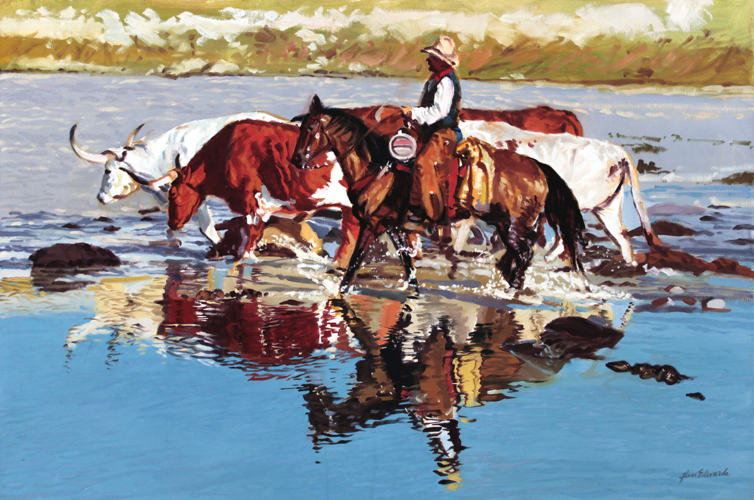 a painting of a cowboy on horseback leading cattle across a river