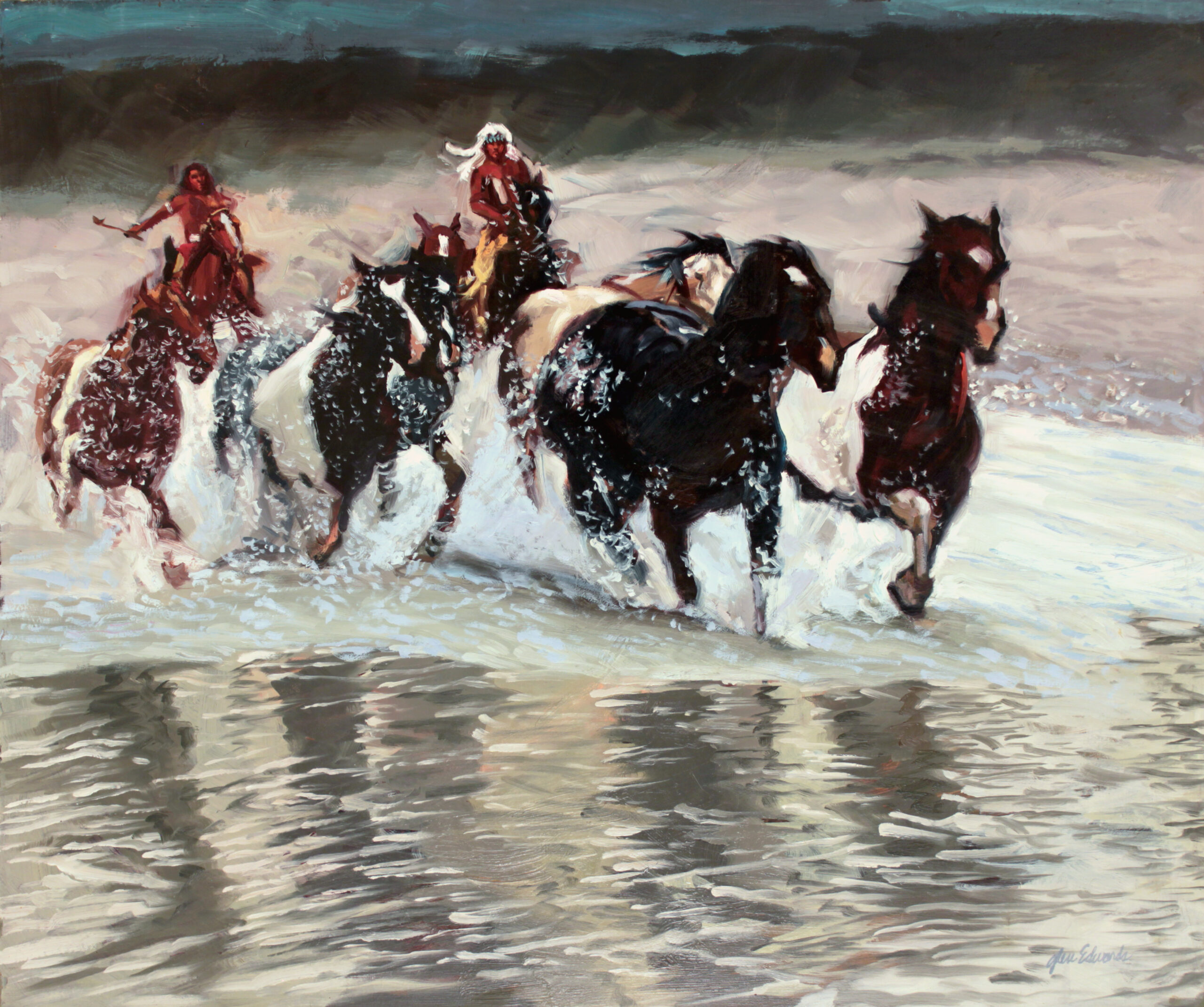 painting of two native americans driving a small band of ponies through a stream