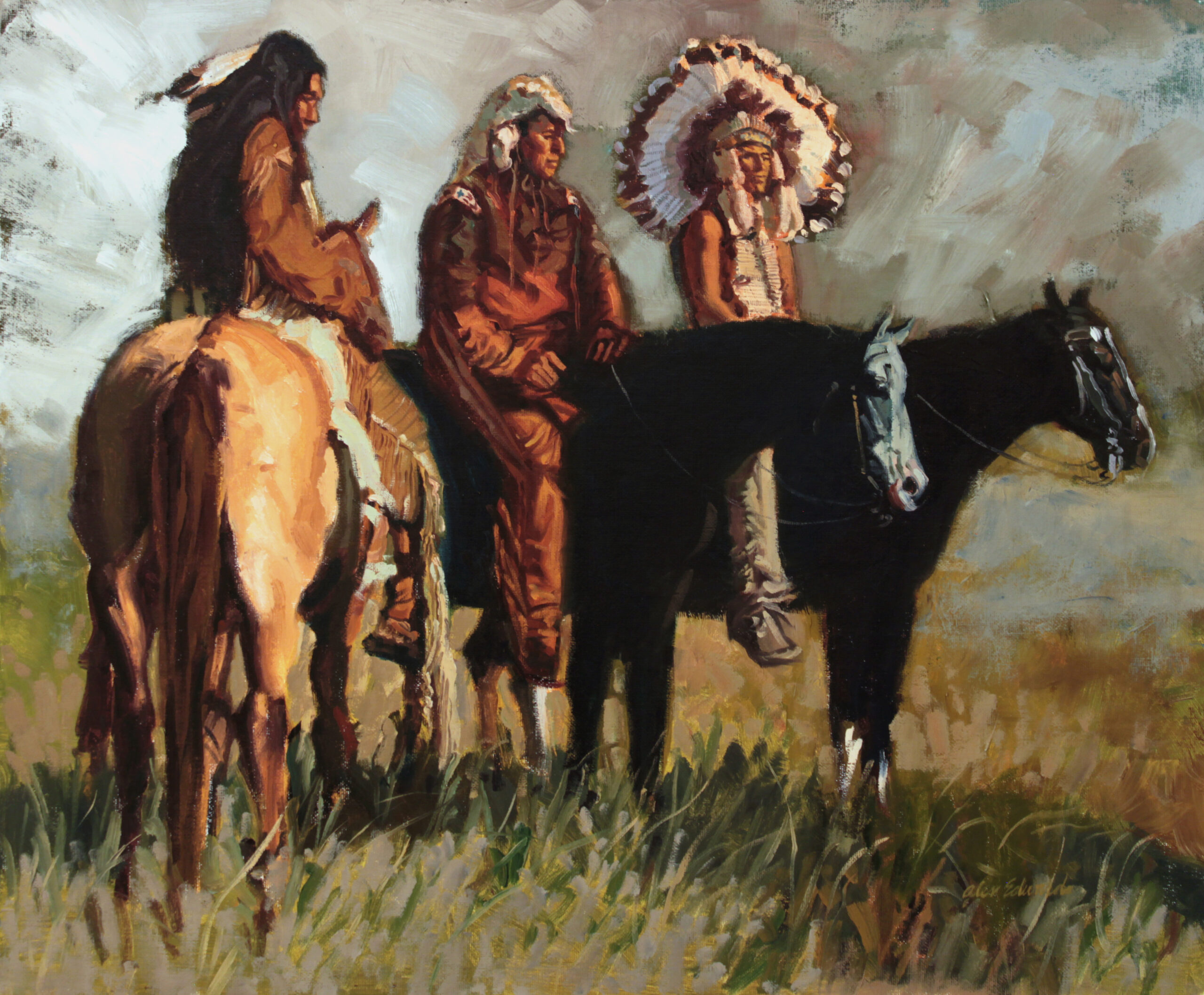 paint of three native americans on horseback, one is a scout, one is a tracker and one is a warrier