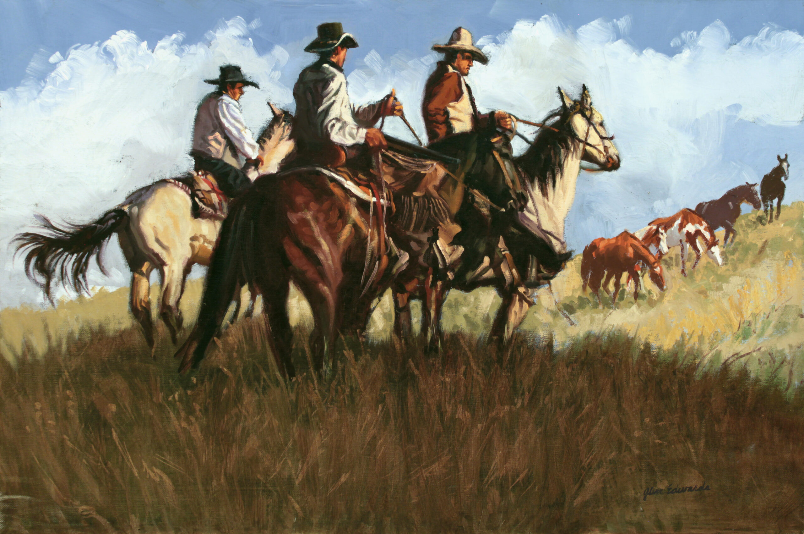 painting of three cowboys riding together