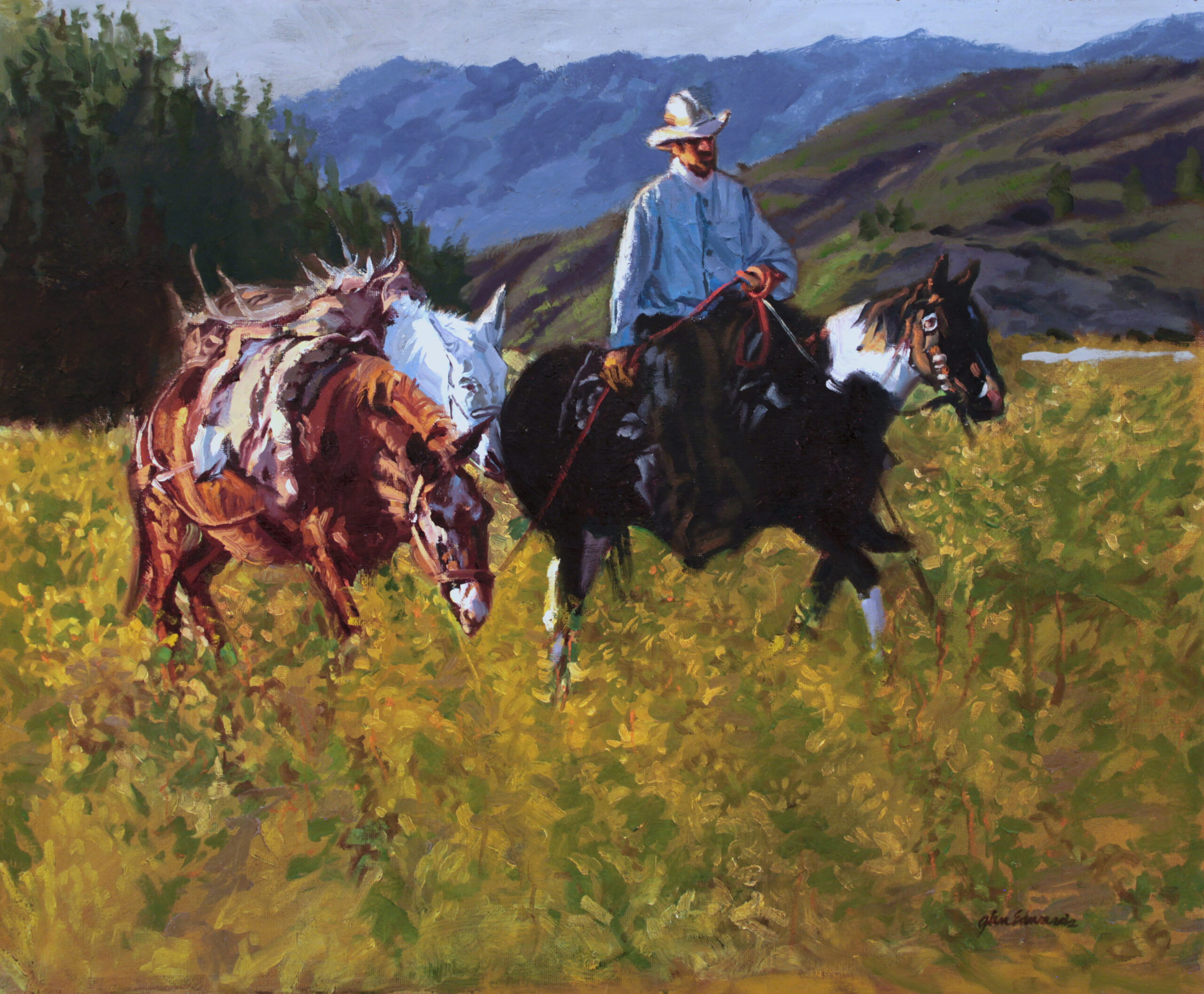 painting of a cowboy riding a horse and leading two other horses