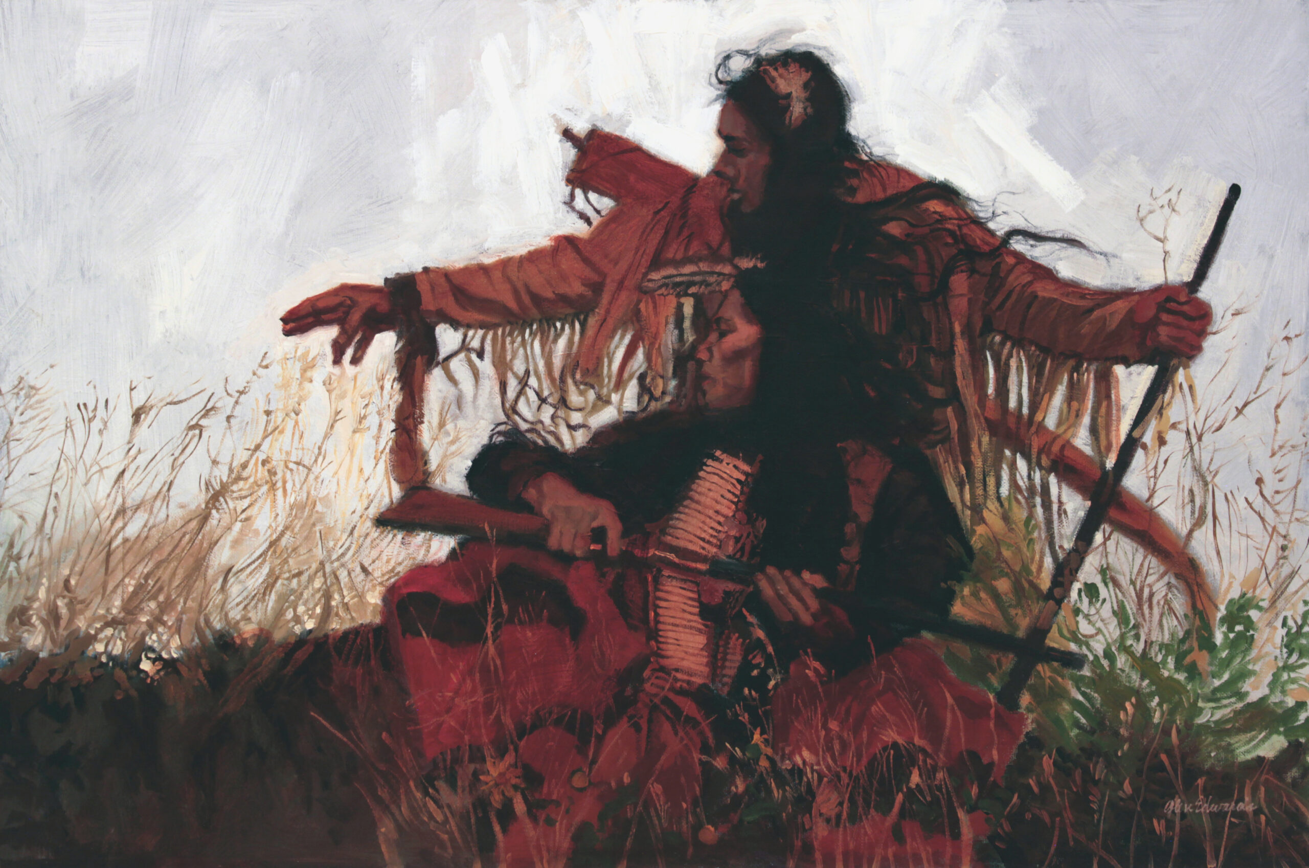 painting of two native americans, one seated and one keenling and looking to the left