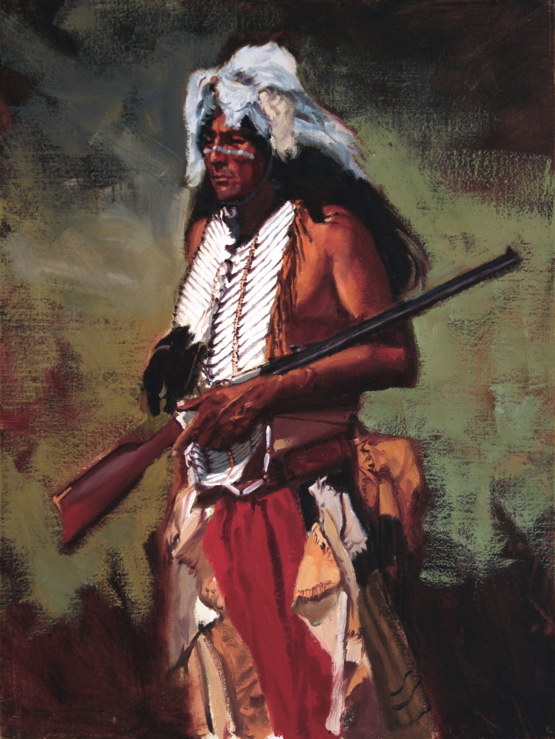 painting of a native american carrying a rifle