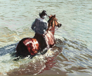 painting of a coyboy riding a horse through a river with the water up to the horse's withers
