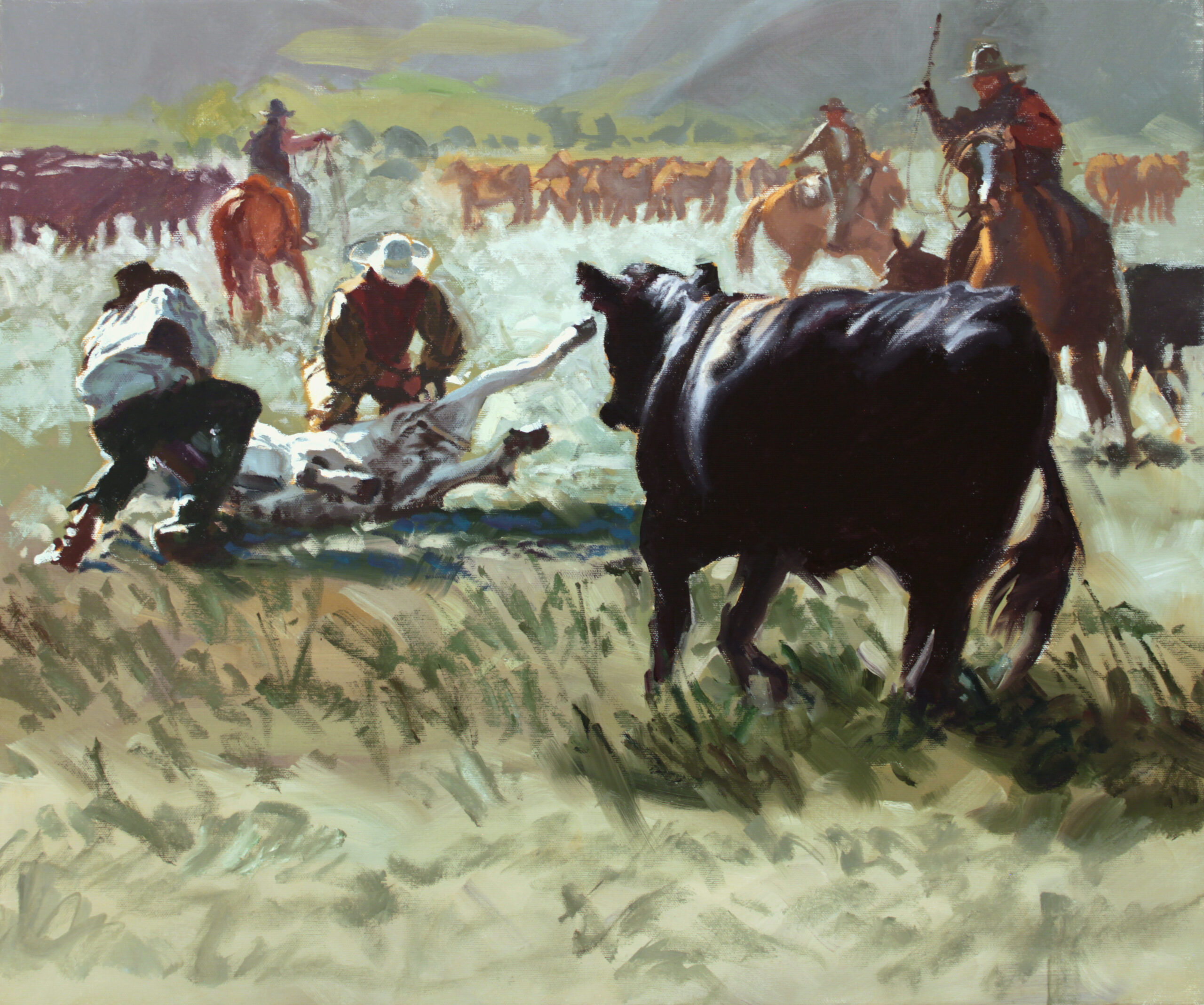 painting of a group of cowboys roping cattle