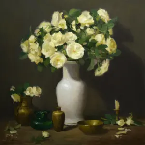 white roses ina white vase