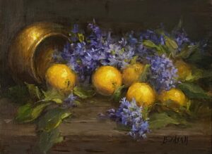 painting of lemons and lilacs
