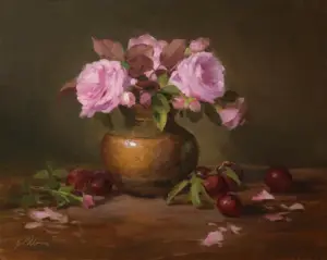 roses in a vase with sweet plums laying on a table