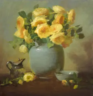 yellow roses in celadon vase