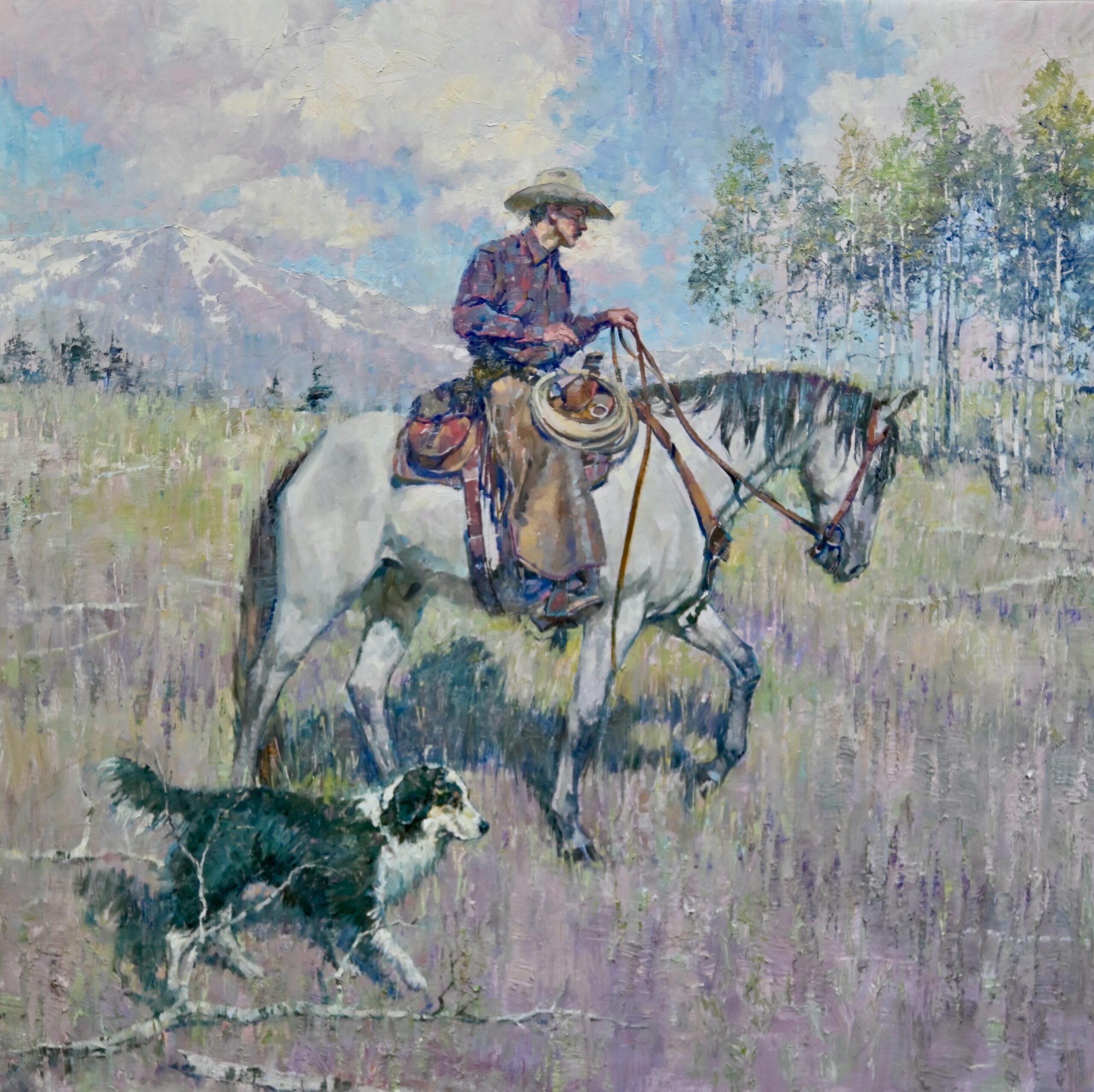 painting of a cowboy on horseback walking along with his dog