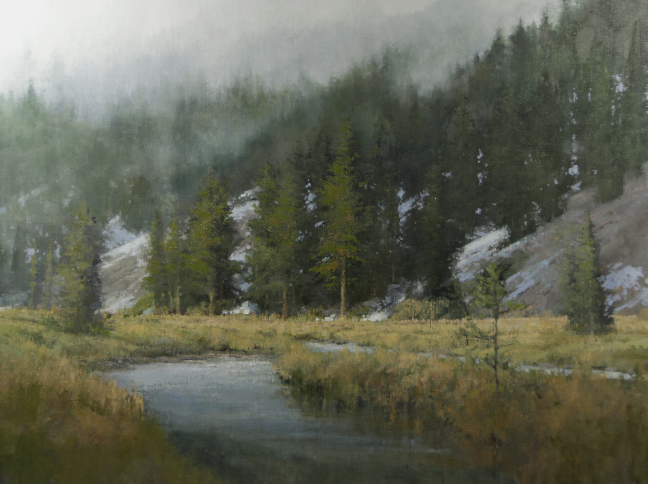 painting of a misty mountain side with a small stream