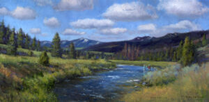 painting of.a beautiful valley stream with mountains in the background under a sky with big, puffy clouds