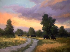 painting of cattle peacefully grazing under a beautiful sunset, along a country lane