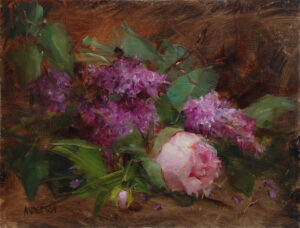 still life painting of lilacs and peonies in beautiful hues of purple