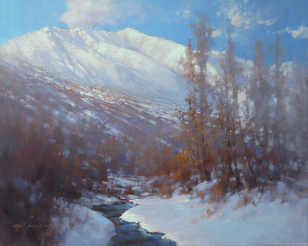 muted snow sceen of a winter creek with a snow covered mountain in the background