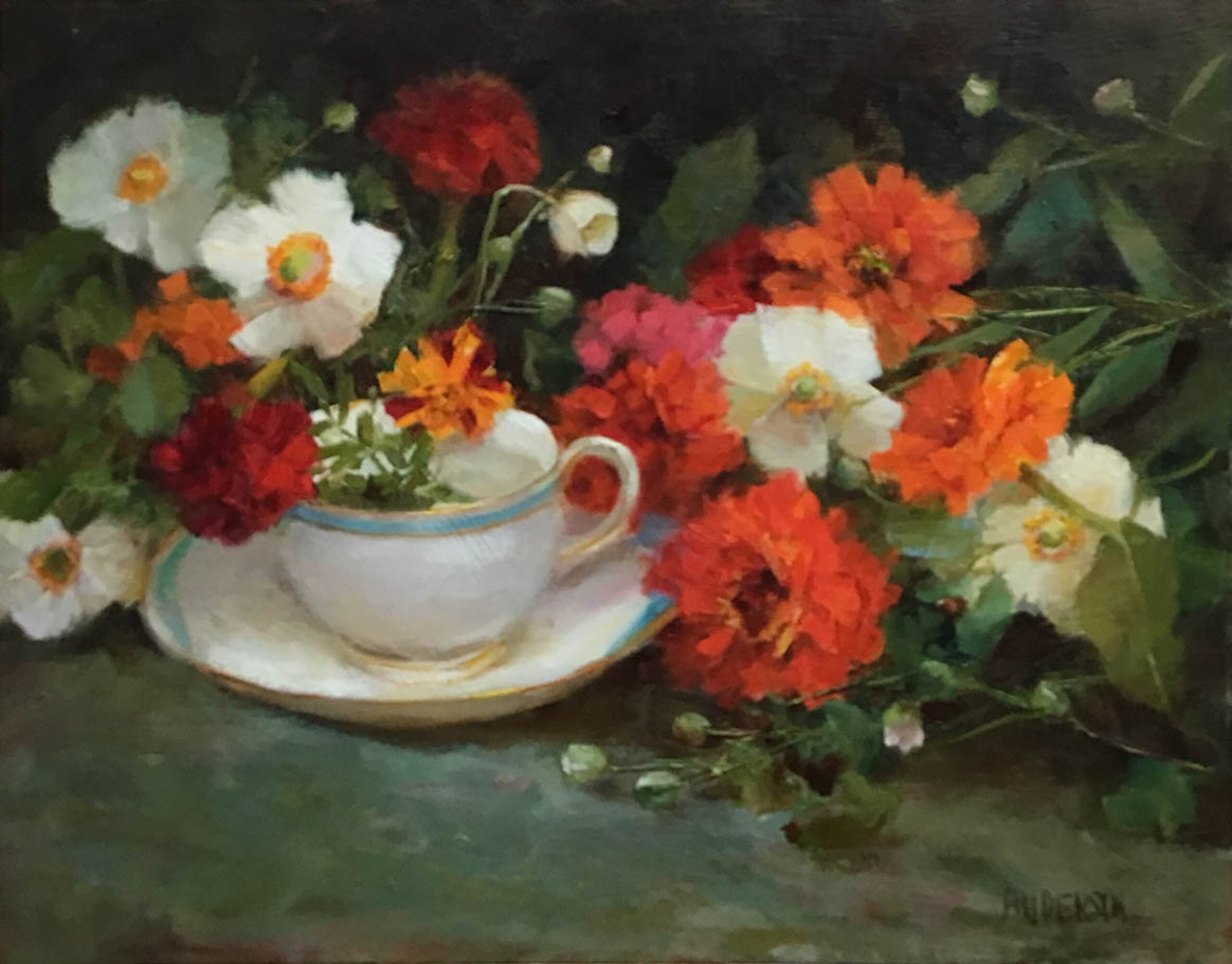 image of Zinnias and Anemones around and in a teacup