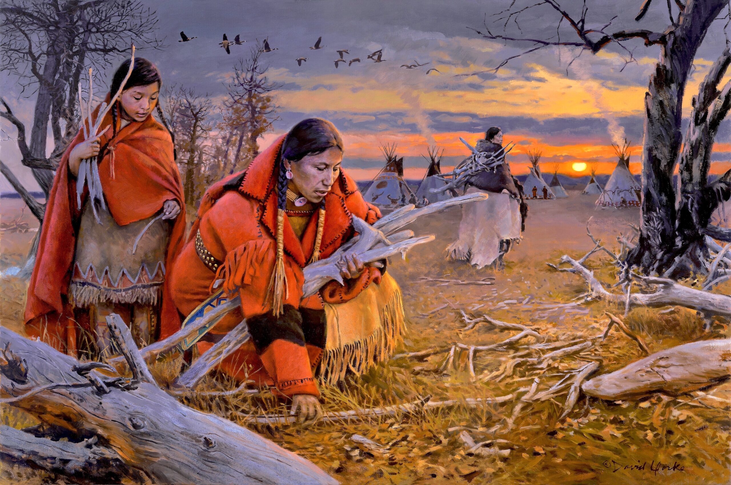 painting on native american woman gathering sheaves