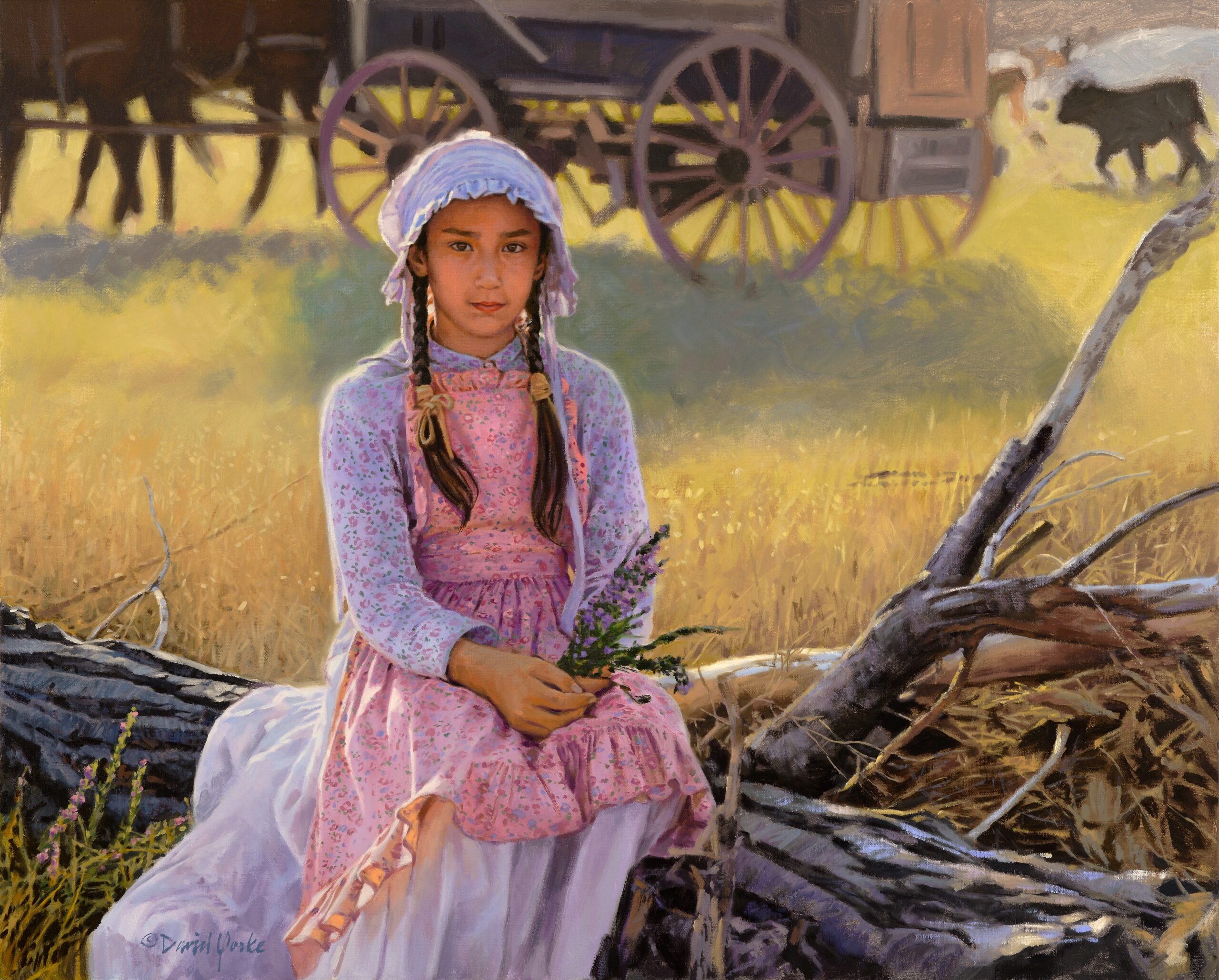 a young girl sitting on a log wearing a prairie dress and cap